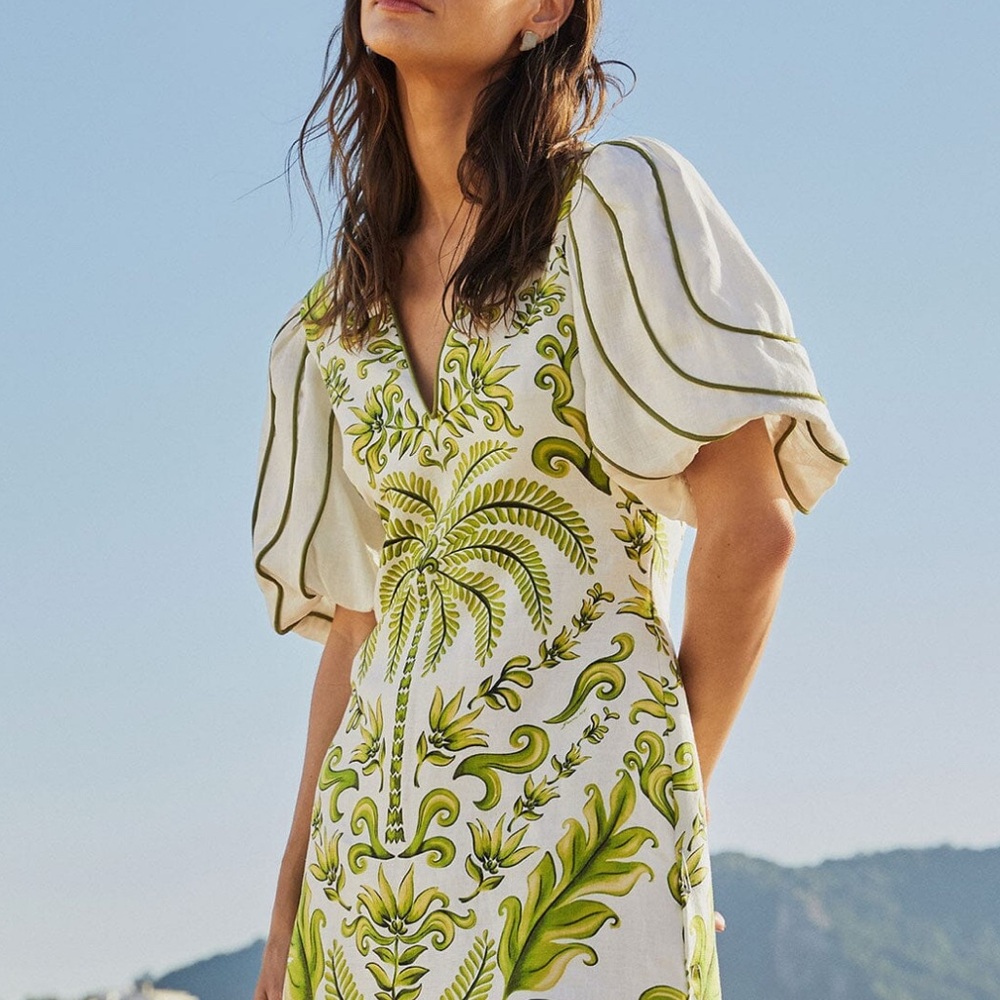 Elegant White and Green Dress with Puff Sleeves